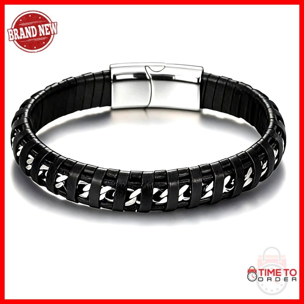 Men's Leather Bracelet Stainless Steel Clasp Adjustable Cuff Style